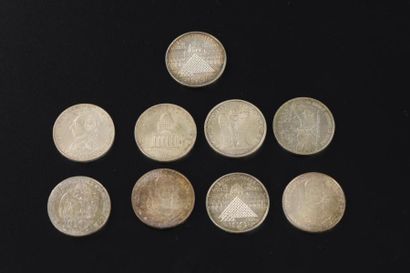 null Neuf pièces en argent de cent francs : une Panthéon 1984, une Général Lafayette...