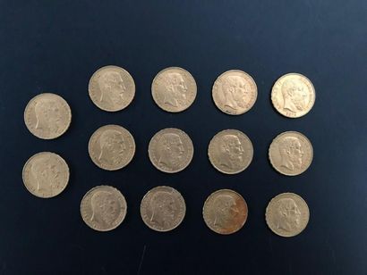 14 pièces en or de 20 francs belges à l'effigie...