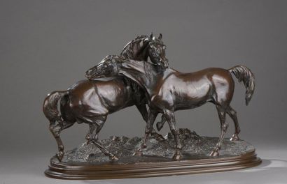 null Pierre-Jules MÈNE (Paris, 1810 - Paris, 1879).

L'accolade.

Bronze à patine...