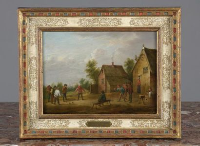 null École flamande du XIX siècle, suiveur de TENIERS.

Scènes villageoises. 

Paire...