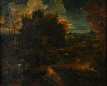 null Attribué à Gaspard DUGHET (Rome, 1615 - 1675).

Paysage classique avec un château...