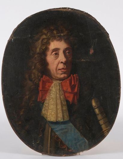 null École française vers 1710. 

Portrait d'homme en armure et nœud rouge à jabot...