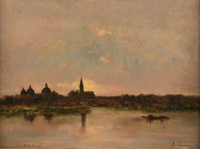 null Paul VERNON (Paris, 1796 - Paris, 1875).

Vue d'un village depuis l'étang.

Huile...