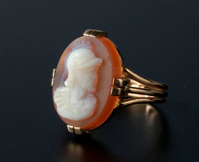 null Bague chevalière en or jaune 18k griffée d'un camée agate ovale orné d'un profil...