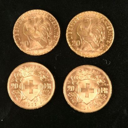 null Deux pièces en or de 20 francs suisses 1935 et 1947 et deux de 20 francs français...