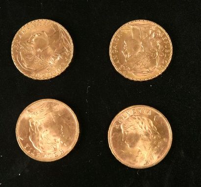 null Deux pièces en or de 20 francs suisses 1935 et 1947 et deux de 20 francs français...