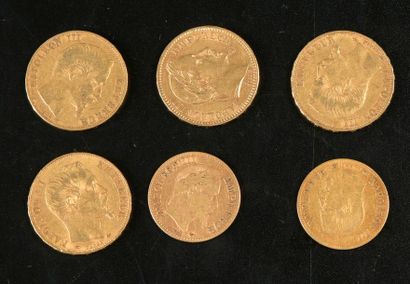 null Deux pièces en or de 10 francs français (1857 et 1862) et quatre pièces en or...