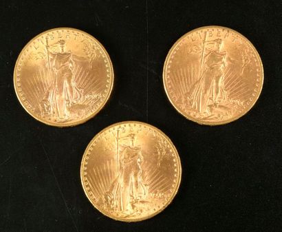 null Trois pièces en or de 20 dollars américains 1911 (D), 1914 (D) et 1915 (S).