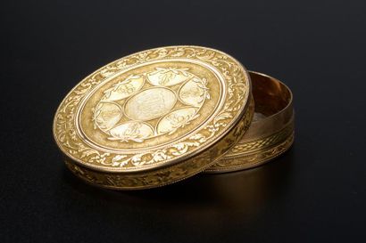 null Boîte circulaire en or 18k jaune et or rose à décor guilloché de rinceaux, couronne...