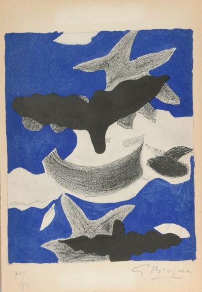 null Georges BRAQUE (1882 - 1963) d'après.

Oiseau fond bleu.

Lithographie en couleurs...