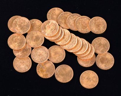 null Trente pièces en or de vingt francs suisses 1947.