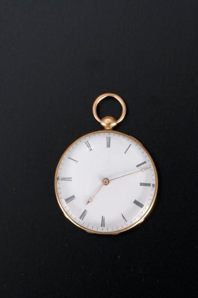 null Montre de poche en or jaune 18K, le fond guilloché, le cadran émaillé blanc...