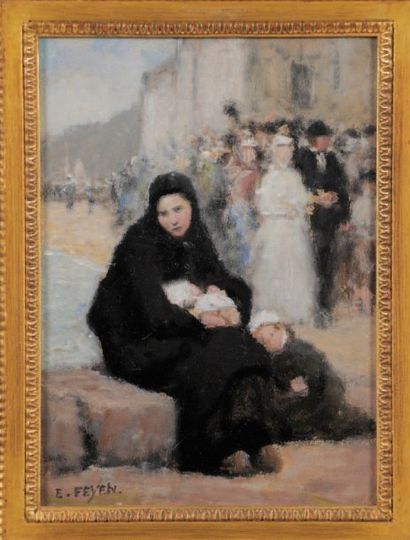 Eugène FEYEN (Bey-sur-Seille, 1815 - 1908) Femme et ses deux enfants assis sur un...