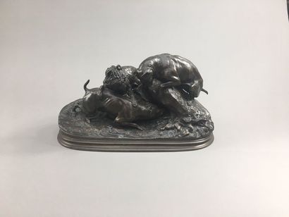 null Pierre-Jules MÈNE (Paris, 1810 - Paris, 1879).
"La chasse au lapin".
Bronze...
