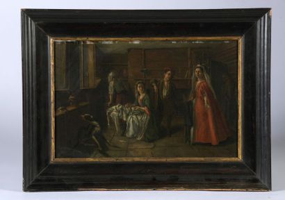 null Jan Joseph HOREMANS le Jeune (Anvers, 1714 - c. 1790).

La visite à l'office.

Cuivre,...