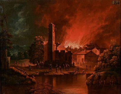 null Attribué à Peter Van BEMMEL (1686 - 1754).

L'incendie d'un village.

Toile...