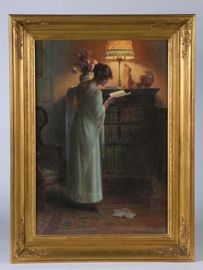 null Delphin ENJOLRAS (Coucouron, 1857 - Toulouse, 1945).

Femme lisant dans un intérieur.

Huile...