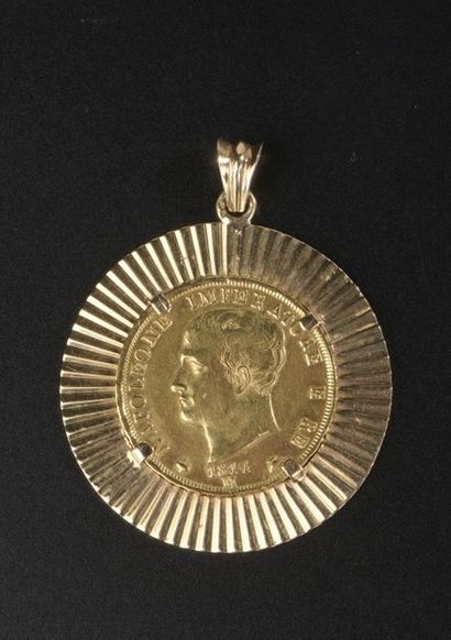 null Pièce en or de 40 lire à l'effigie de Napoléon de 1814 montée en pendentif,...