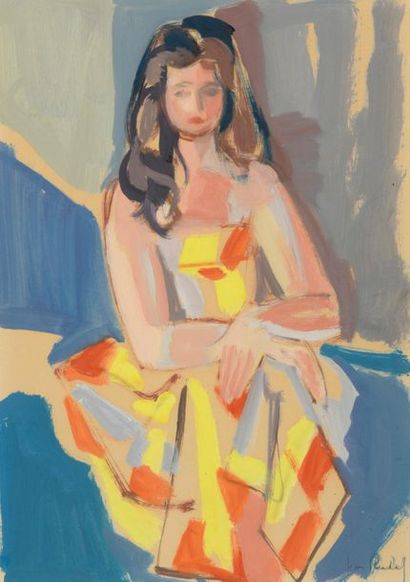 null Jean RUDEL (1917-2008).
Jeune femme assise à la robe bariolée.
Gouache sur papier...