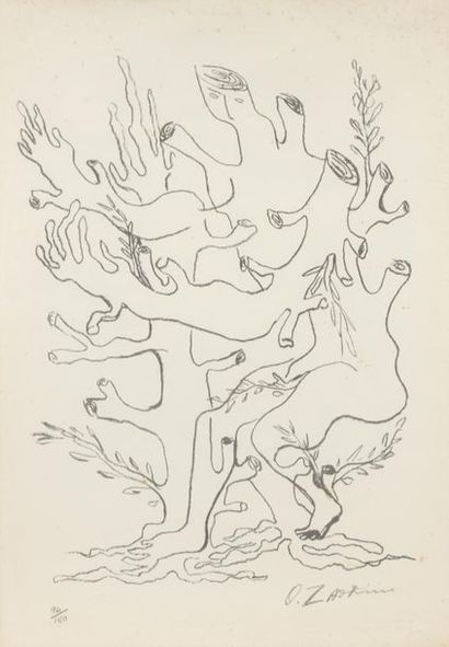null Ossip ZADKINE (1890-1967).
Personnage aux arbres.
Lithographie signée dans la...