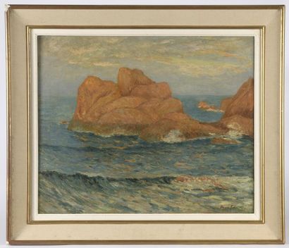 null Maxime MAUFRA (1861-1918).
Rochers rouges, côte bretonne.
Huile sur toile signée...