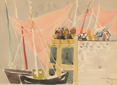 null Édouard PIGNON (1905-1993).
Port breton.
Aquarelle signée, datée 48 et dédicacé...