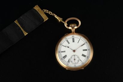 null Chronomètre de poche en or jaune 18k, le cadran émaillé blanc à chiffres romains...