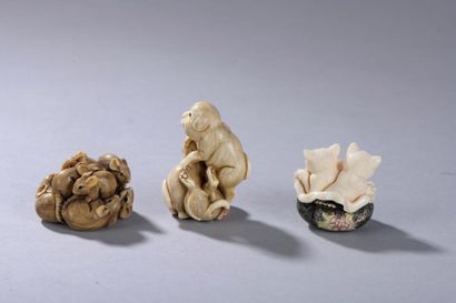 null JAPON, début du XXe siècle.
Netsuke signé en Ivoire (elephantidae spp) représentant...