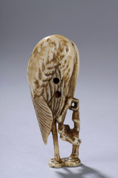 null JAPON, début de l'époque MEIJI (1868-1912). 
Netsuke représentant une grue debout,...