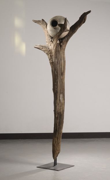 null Sculpture remployant un arbre en bois flotté soutenant une jarre en céramique...
