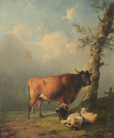 null Eugène VERBOECKHOVEN (1798 - 1881). 

Taureau, bouc et brebis au repos près...