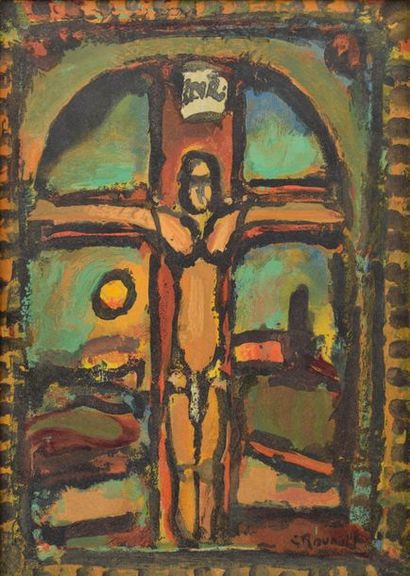 null D'après Georges ROUAULT (1871-1958).
Le Christ. 
Aquatinte en couleurs signée...