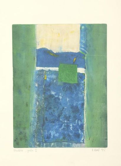 null H. RUFF (XXe siècle).
Feuster, grûn I.
Lithographie en vert et bleu sur papier...