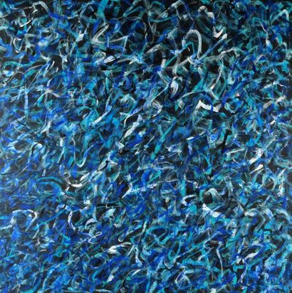 null Hilde de PECKER (née en 1961).
Abstraction en bleu.
Acrylique sur toile signée...