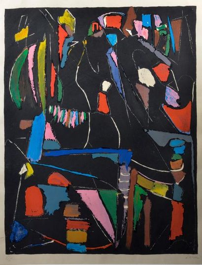 null André LANSKOY (1902-1976).
Composition abstraite sur fond noir.
Lithographie...