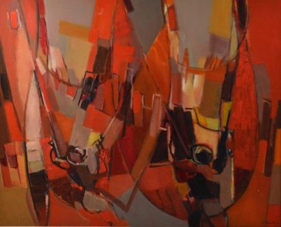 null Jean CHEVOLLEAU (1924-1996). 
"Filets à la lumière rouge".
Huile sur toile signée...