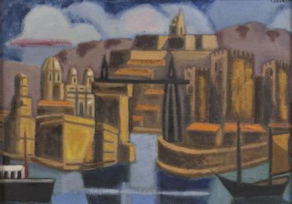 null Roland CHAVENON (1895-?).
Vue du port de Marseille.
Huile sur toile signée en...