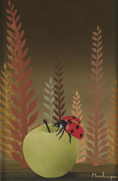 null François MIELVAQUE (né en 1934).
Nature morte à la pomme et à la coccinelle.
Acrylique...