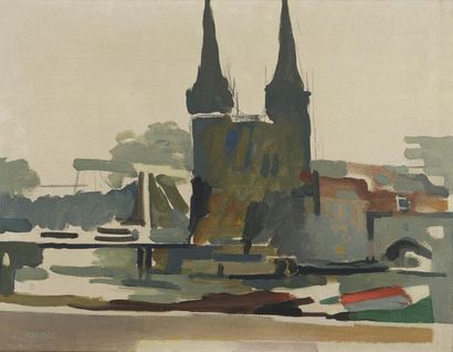 null Roland BIERGE (1922-1991).
Vue de Delft.
Huile sur toile signée en bas à gauche,...