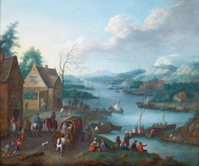 Joseph van BREDAEL (1688-1739) Paysage fluvial animé Panneau monogramé JB en bas... Gazette Drouot