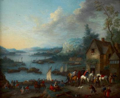 Joseph van BREDAEL (1688-1739) Paysage fluvial animé Panneau. (quelques usures et... Gazette Drouot
