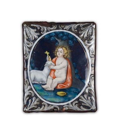 null Rectangular painted enamel plaque depicting Jesus as a child at the foot of...
