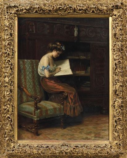 Frédéric DUFAUX (1852-1943) Young girl reading
Oil on canvas, signed below right.
60...