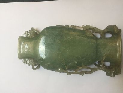 CHINE - Vers 1900 Pair of vases covered in green jadeite carved on the sides of cherry...