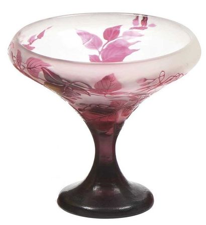 GALLE Flared cone bowl on multi-layer glass pedestal decorated with red and pink...