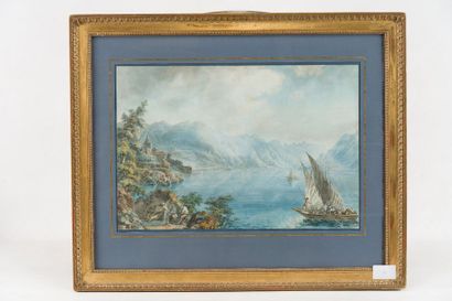 Attribué à Johann Karl MULLENER (1768-1832) Animated
lacustrine landscape Watercolour,...