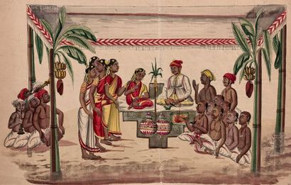 École Française du XIXe siècle Hindu ritual scene with women and musicians
Gouache,...