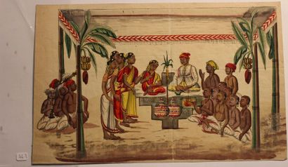 École Française du XIXe siècle Scène de rituel hindou avec femmes et musiciens
Gouache,...