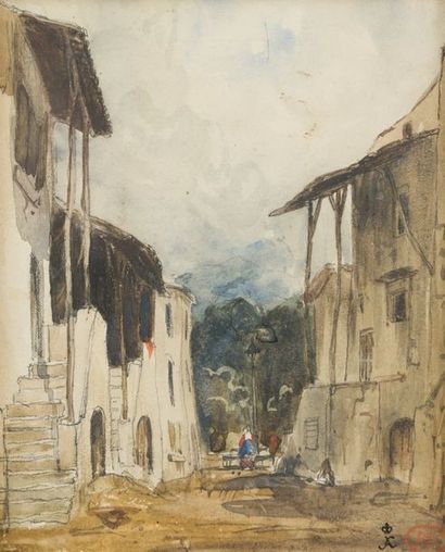 PAUL HUET (PARIS 1803-1869) Rue de village
Aquarelle
16,5 x 13,5 cm
Cachet de l'atelier...