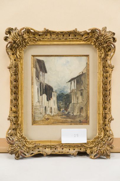PAUL HUET (PARIS 1803-1869) Rue de village
Aquarelle
16,5 x 13,5 cm
Cachet de l'atelier...